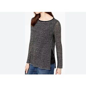 Eileen Fisher sweater small black white high side slit crew neck organic linen b